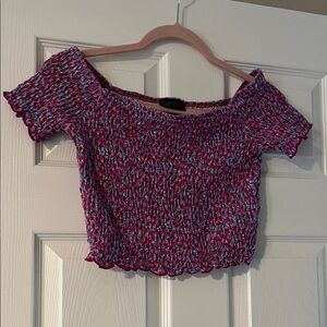 Topshop Pink and Blue Off-Shoulder Crop Top